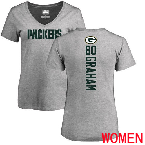Green Bay Packers Ash Women #80 Graham Jimmy Backer V-Neck Nike NFL T Shirt